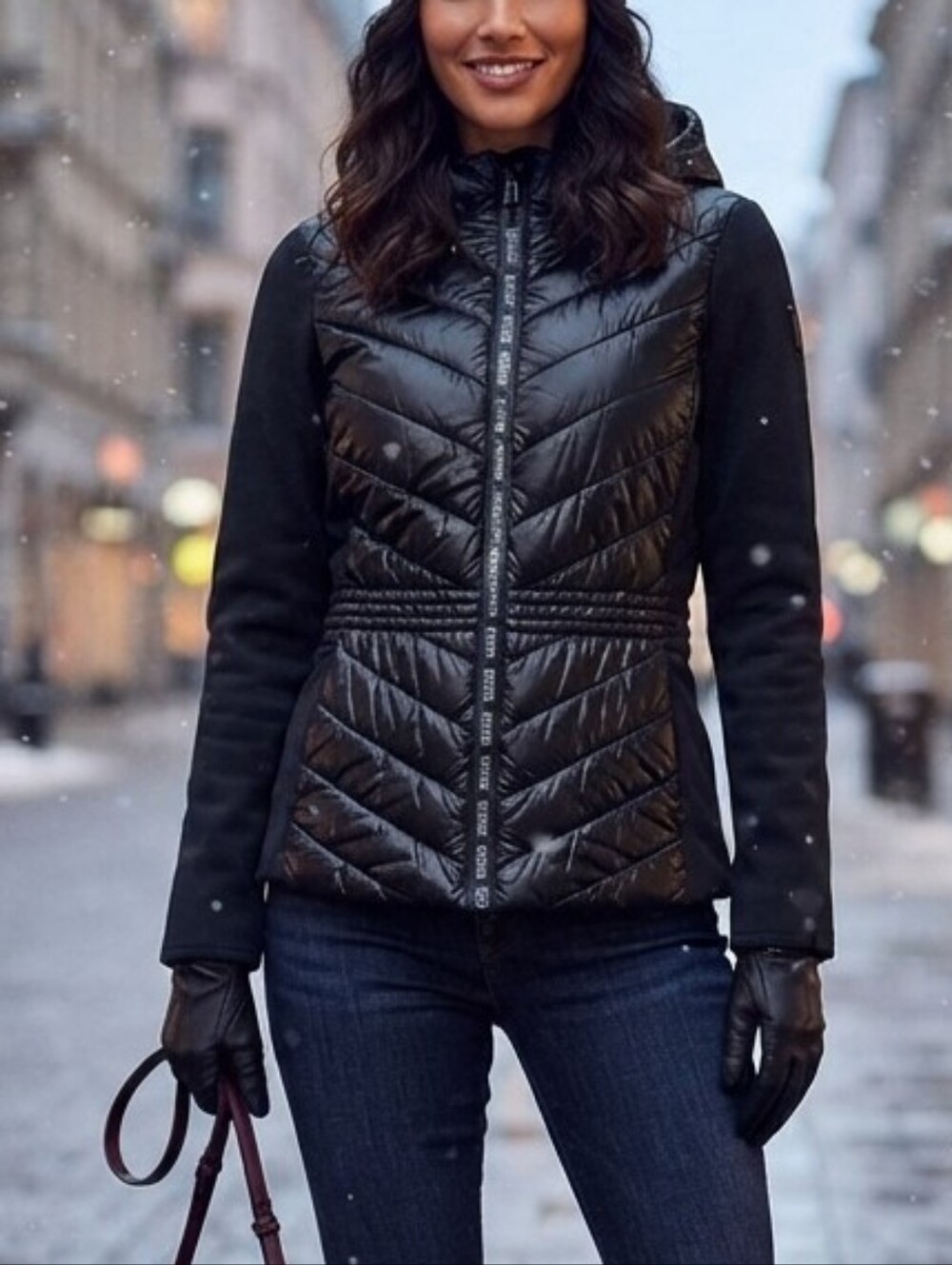 Guess Black Quilted Hooded Puffer Jacket Zip Front Women's Size Small